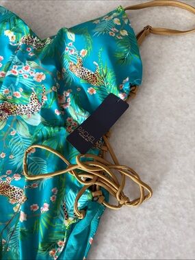 Rachel Teal Tropical One-Piece Swimsuit with Gold Straps